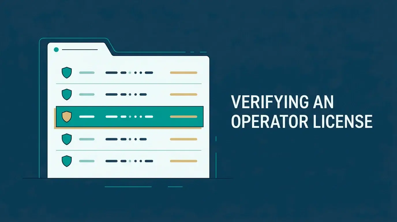 Editorial illustration of a regulator public register being consulted to verify an operator licence number