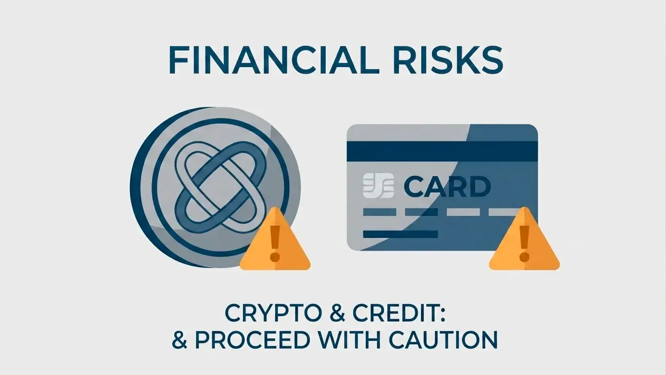 Illustration of cryptocurrency coins and a credit card flagged with caution markers