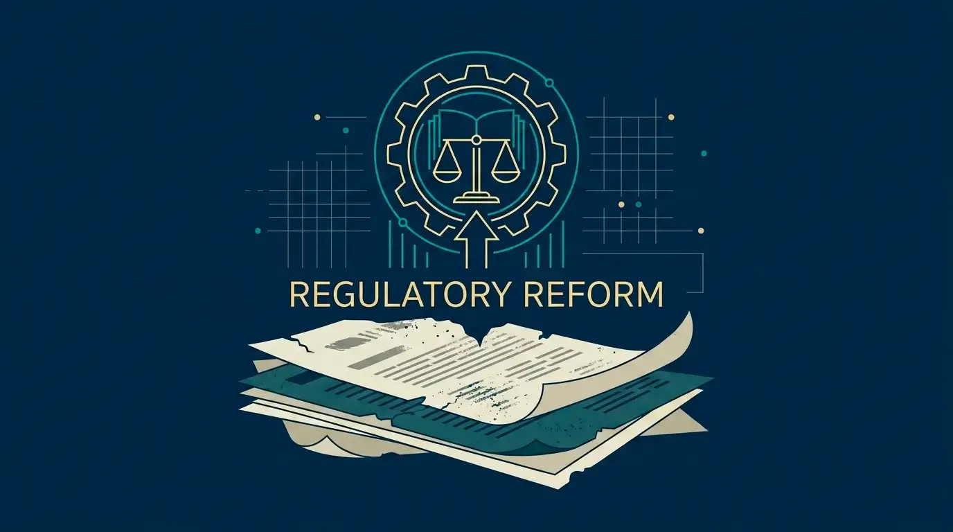 Conceptual illustration of a regulatory authority emblem rising from layered older documents to suggest a reformed regime