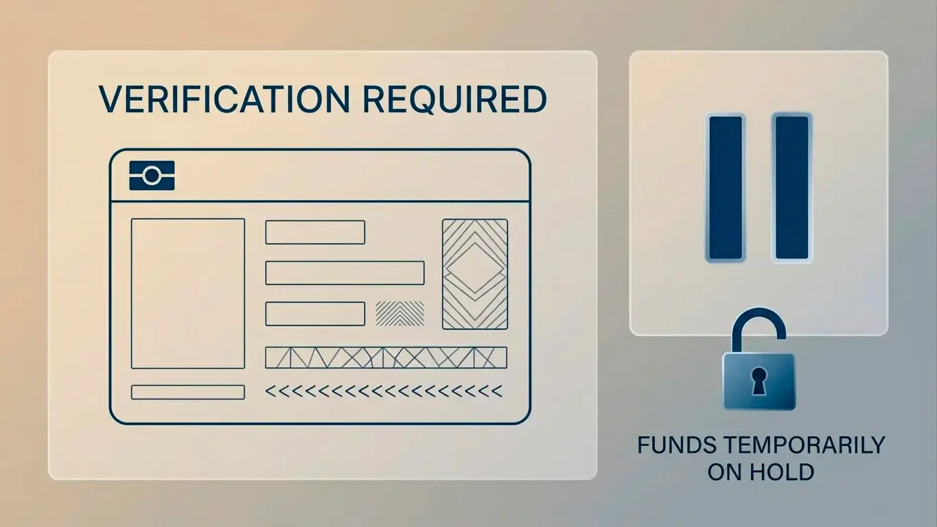 Illustration of an account verification screen with a frozen withdrawal warning