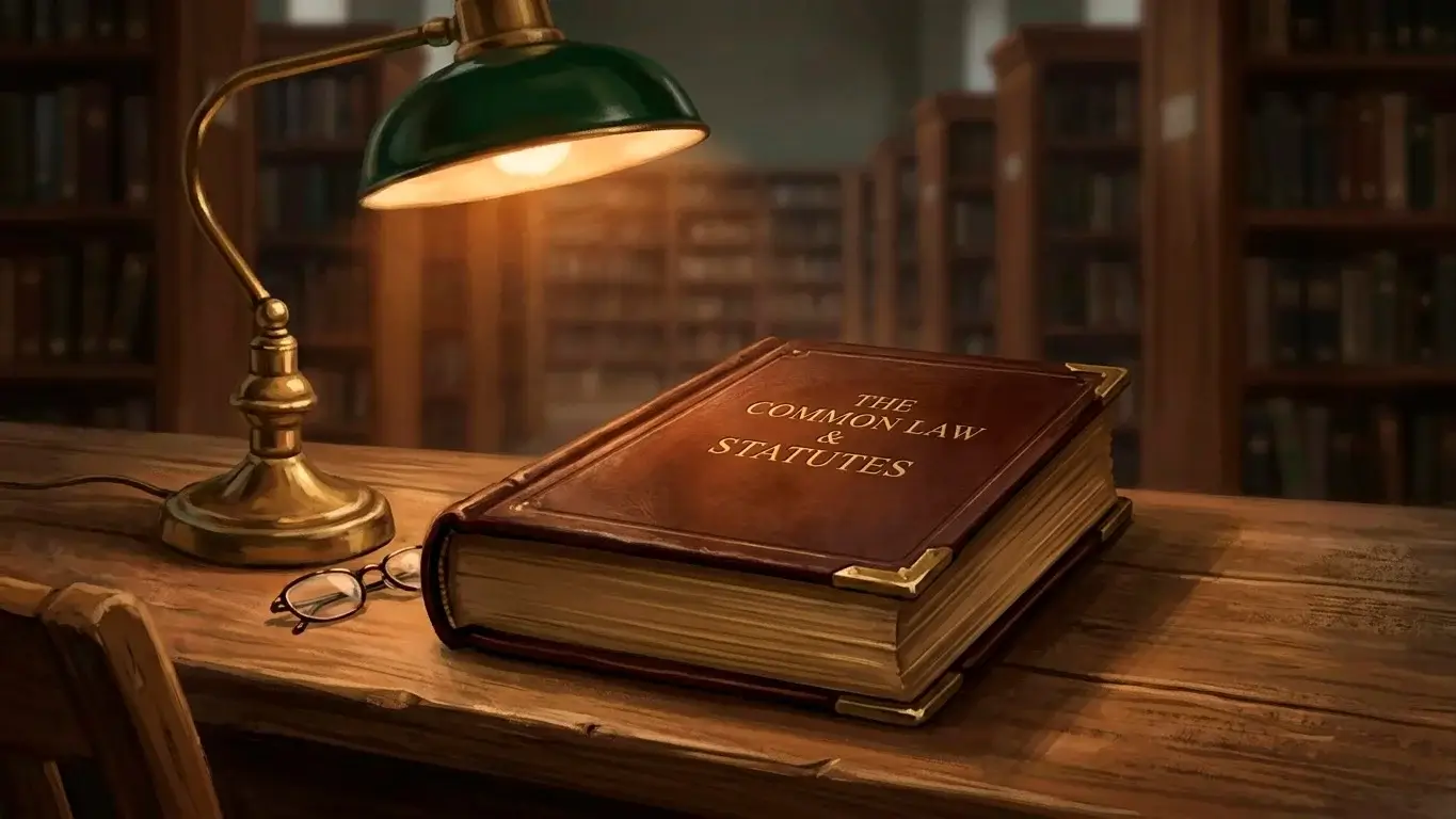 Editorial illustration of a hard-bound statute volume on a wooden bench in soft library lighting