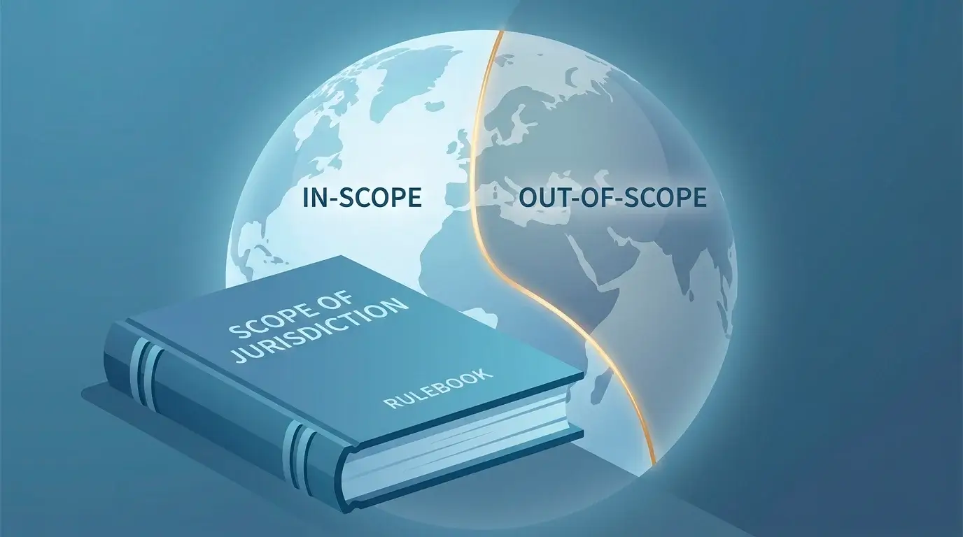 Conceptual illustration of a regulatory rulebook with a globe in the background and a line dividing in-scope and out-of-scope operators