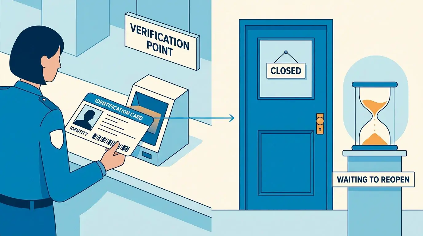 Editorial illustration of an identity verification step followed by a calm waiting period before a gate reopens