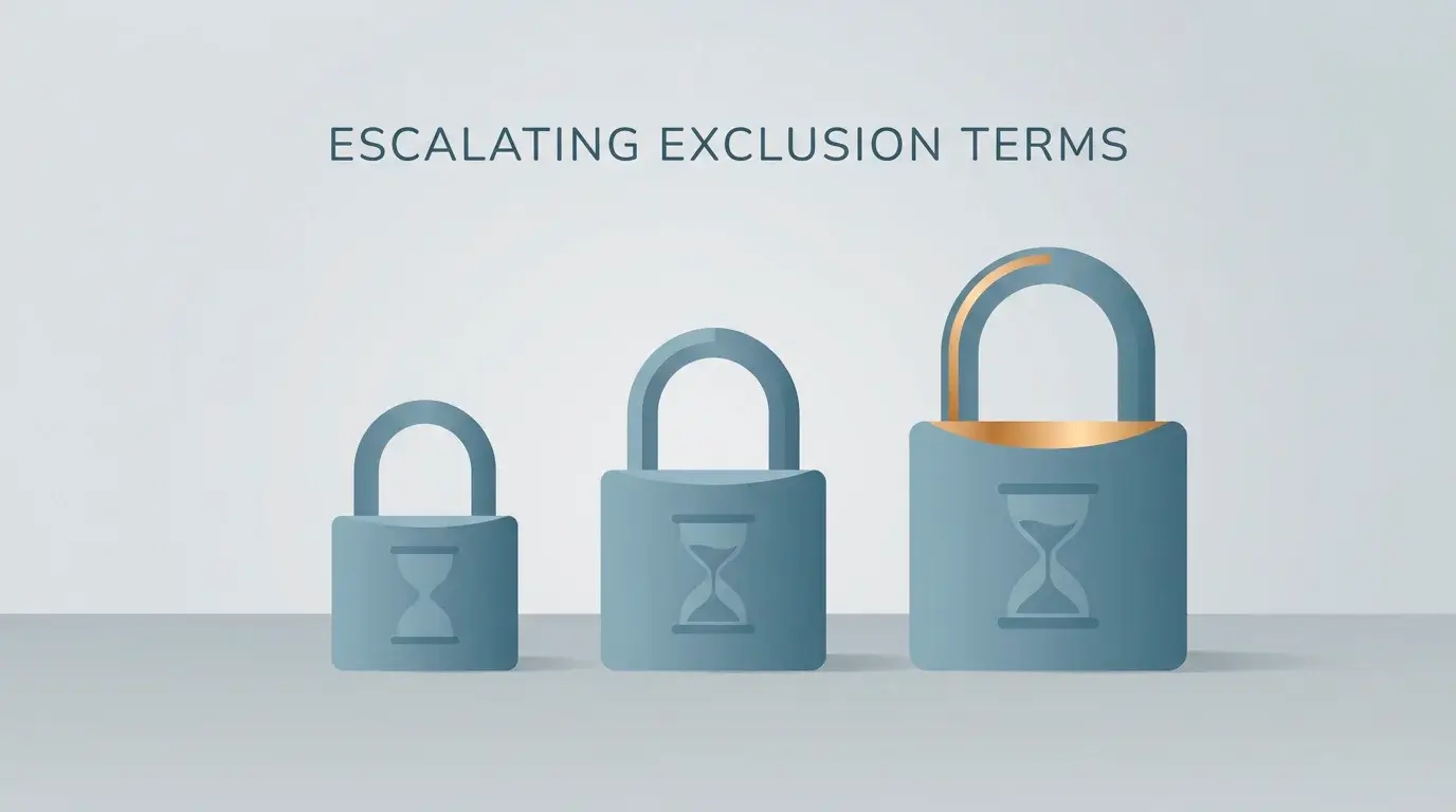 Conceptual illustration of three exclusion term lengths displayed as locked padlocks of increasing size