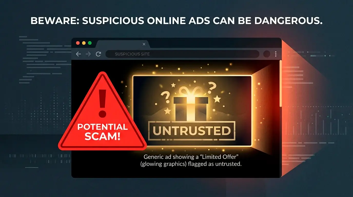Stylised illustration of a generic suspicious online offer with a clear red warning indicator beside it