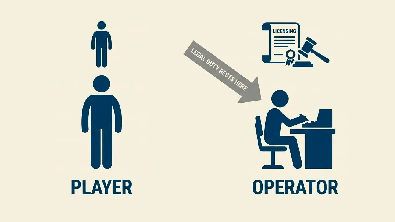 Plain illustration contrasting a player who breaks no law with an operator that requires a UK licence