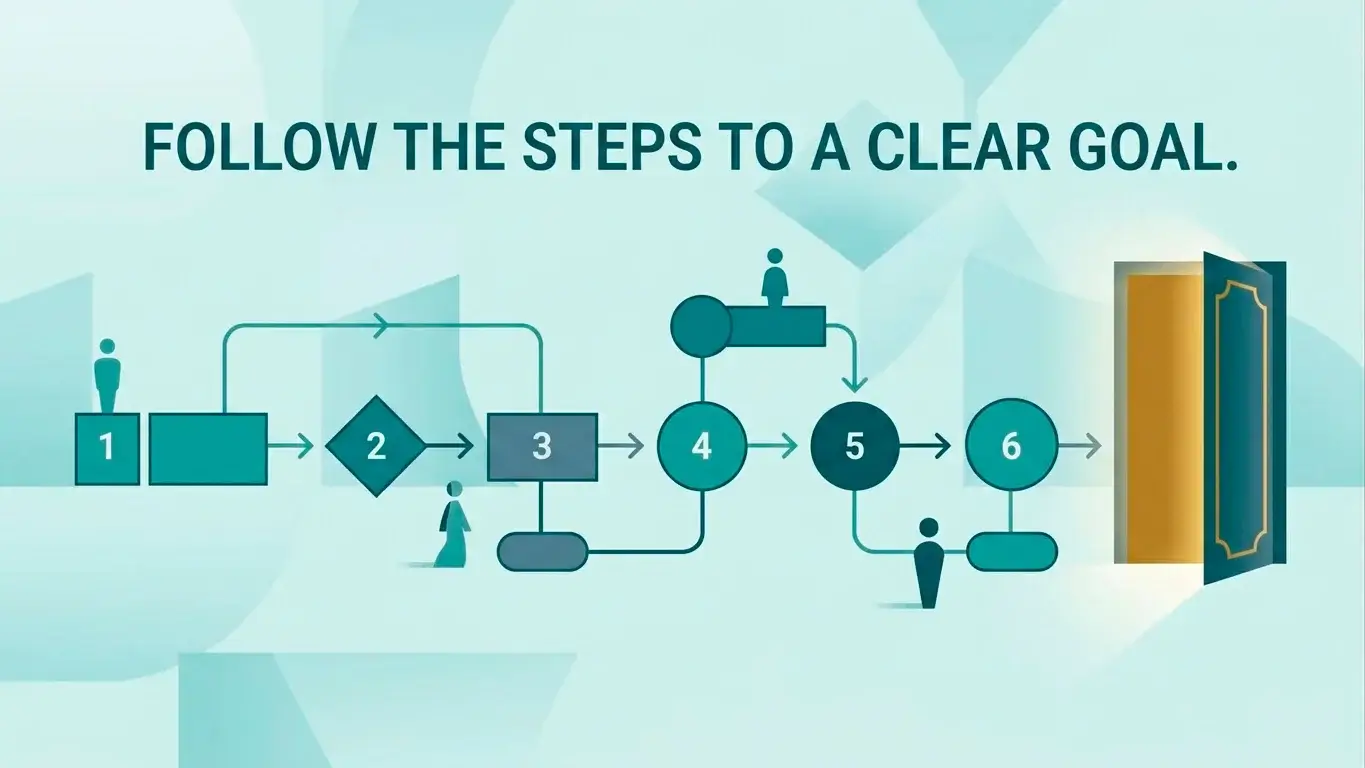 Editorial illustration of a numbered step pathway showing a calm sequential process toward a small open door