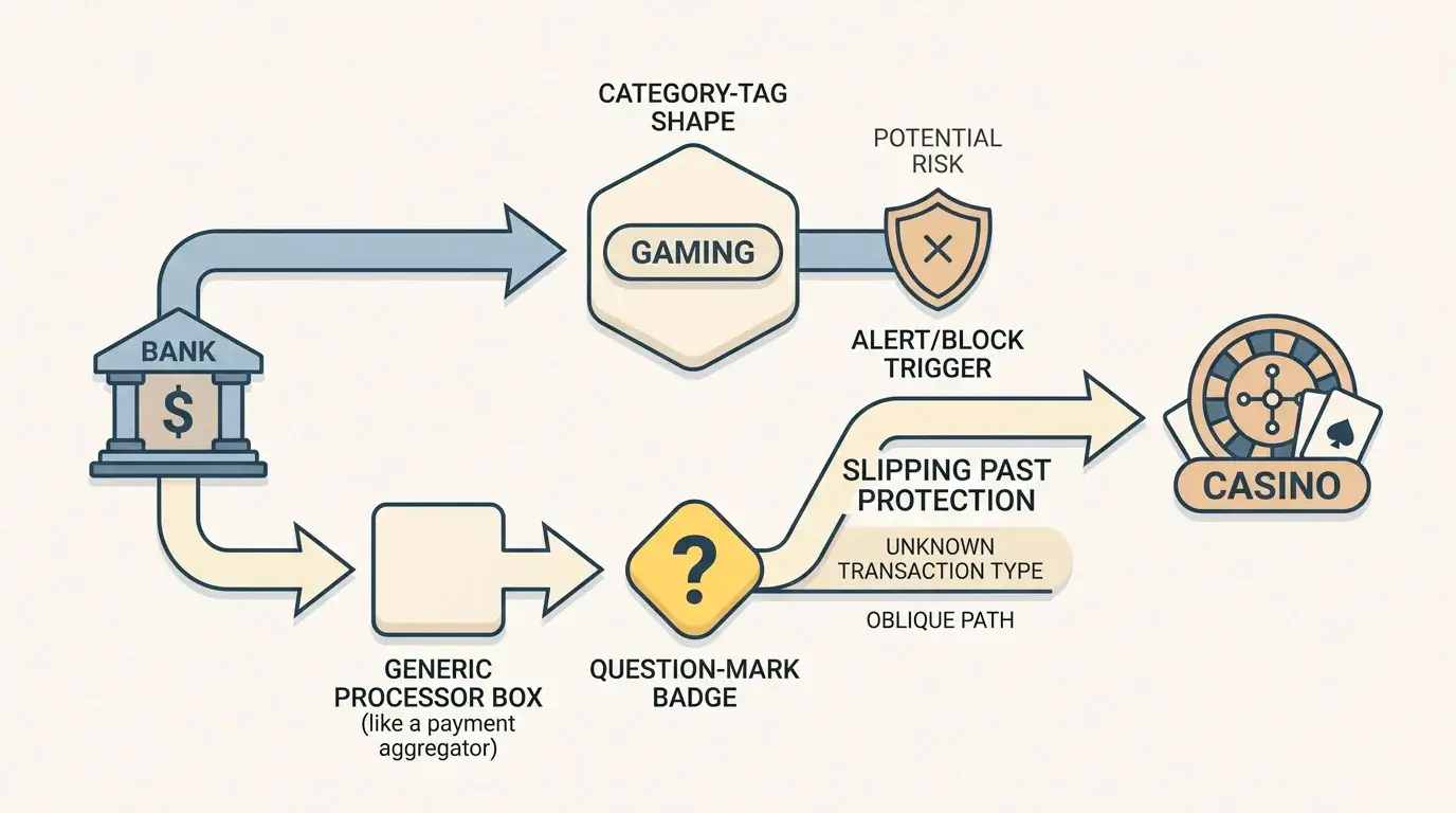 Diagram showing how merchant-code masking and intermediary processors let offshore casino transactions bypass card-level gambling blocks
