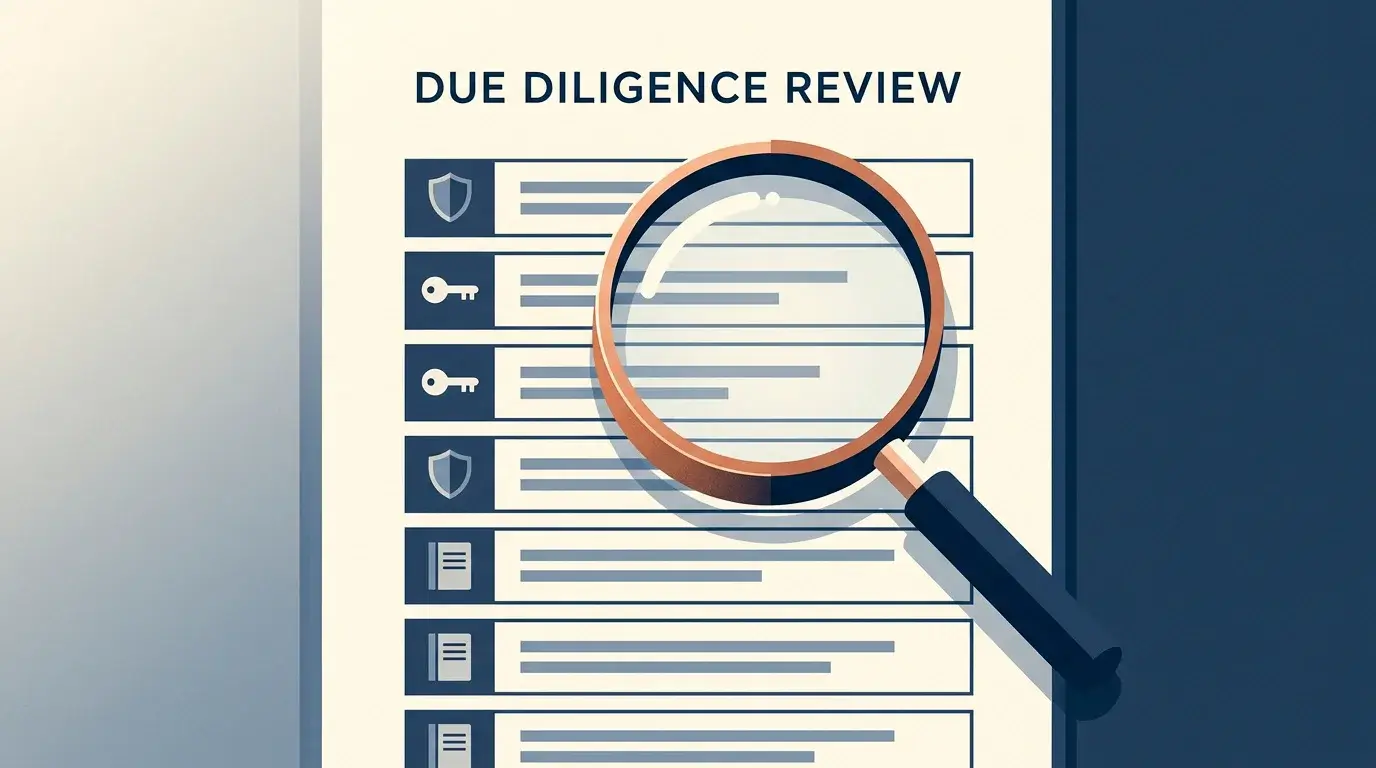 Editorial illustration of a magnifying glass examining a structured checklist of due-diligence checks