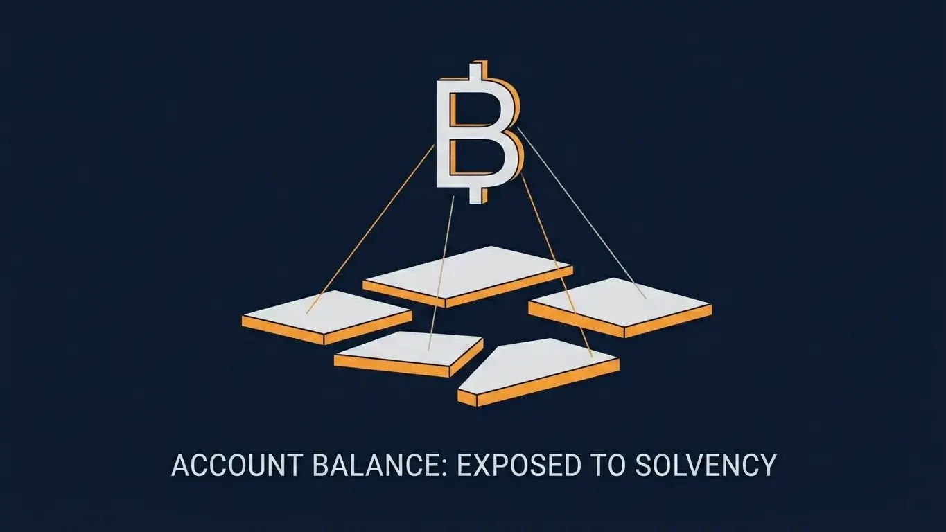 Editorial illustration of a stylised account-balance figure floating above an uncertain foundation to suggest exposure to operator health