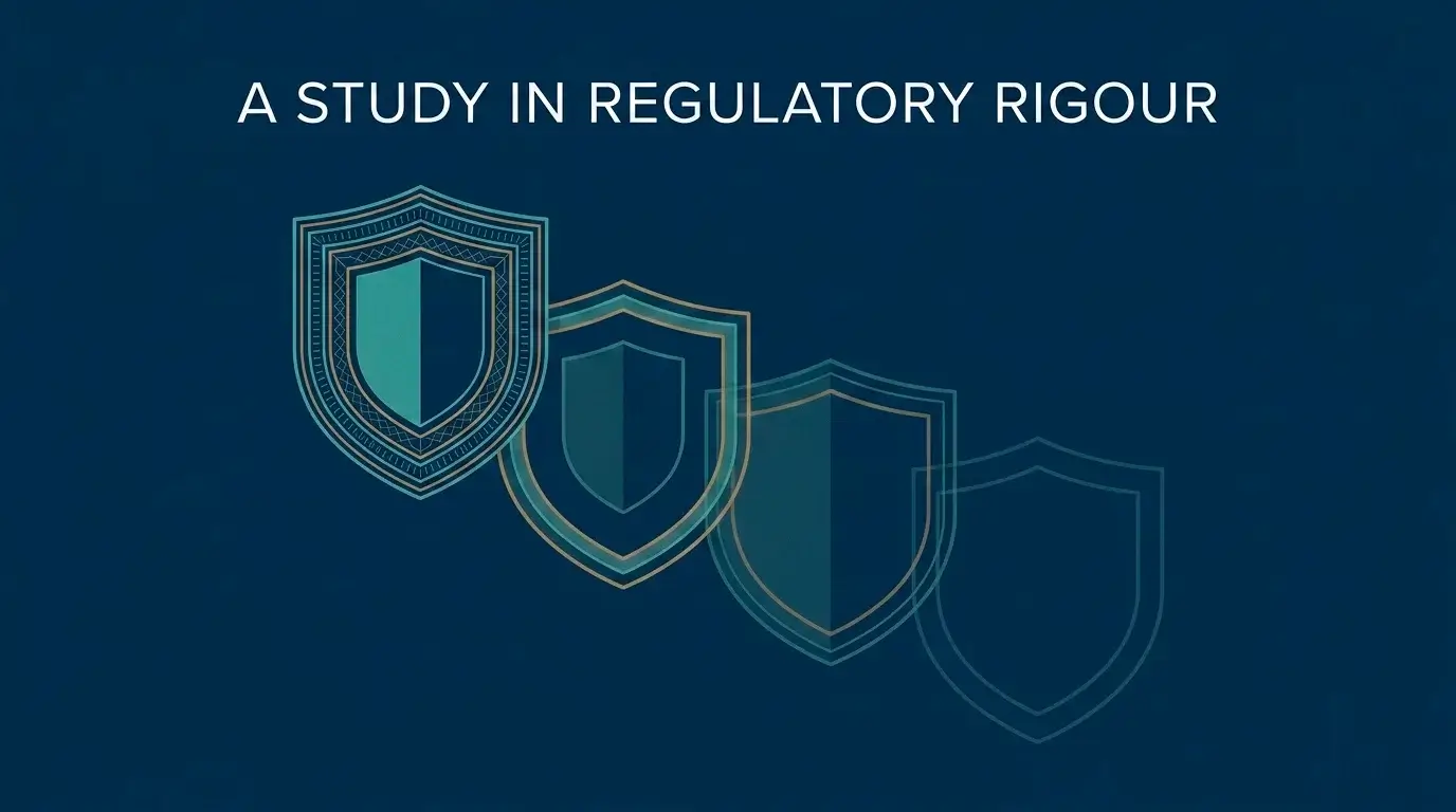 Stylised graphic of layered jurisdictional shields with descending opacity to represent decreasing rigour