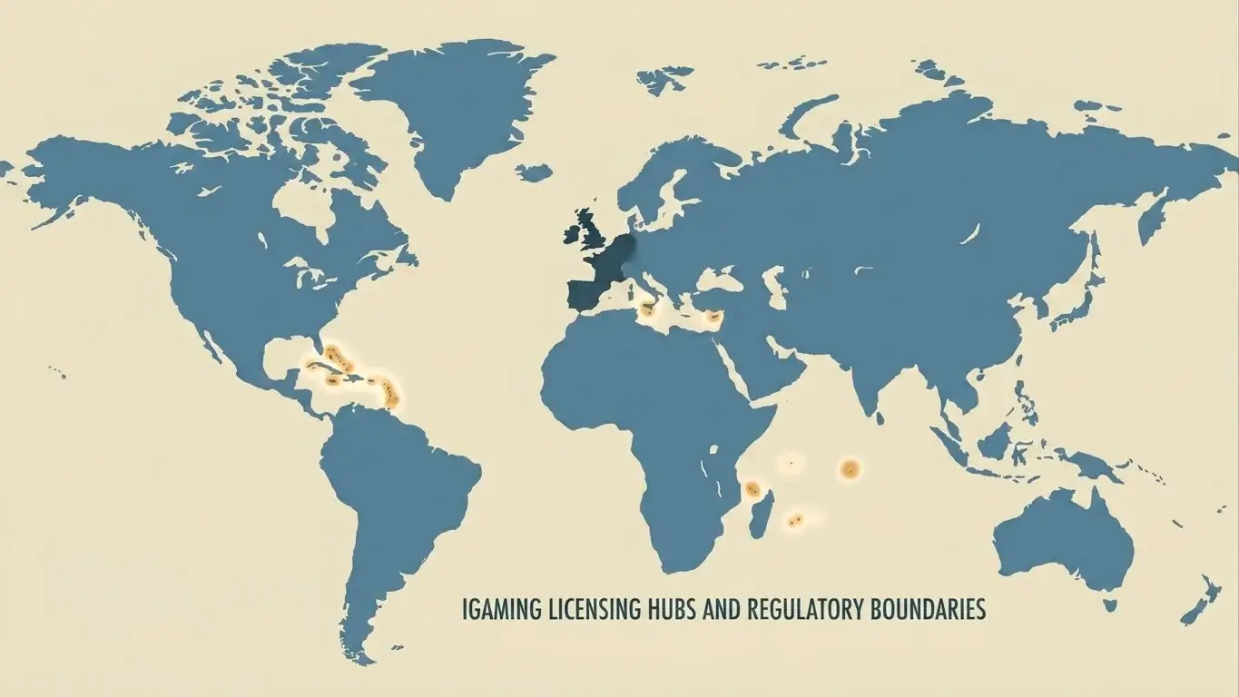 World map highlighting common offshore online casino licensing jurisdictions including Curacao, Anjouan, Malta and Gibraltar