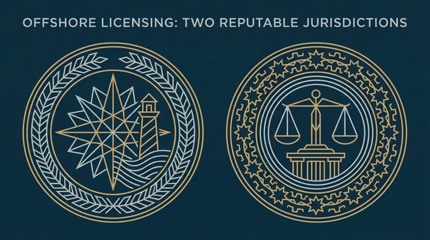 Editorial illustration of two finely detailed regulatory seals against a calm dark blue background