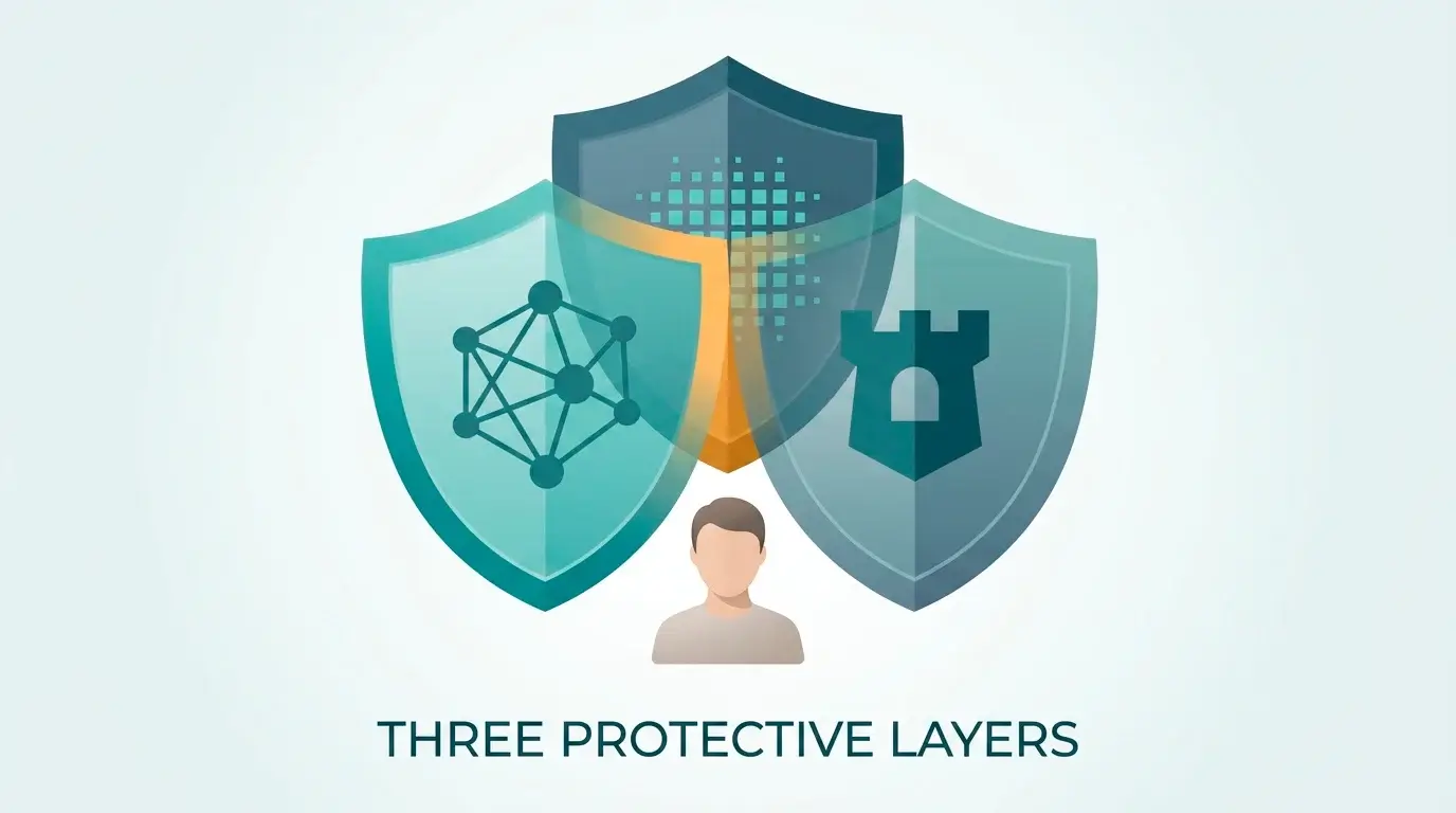 Stylised infographic showing three protective layers stacked together over a shielded user silhouette