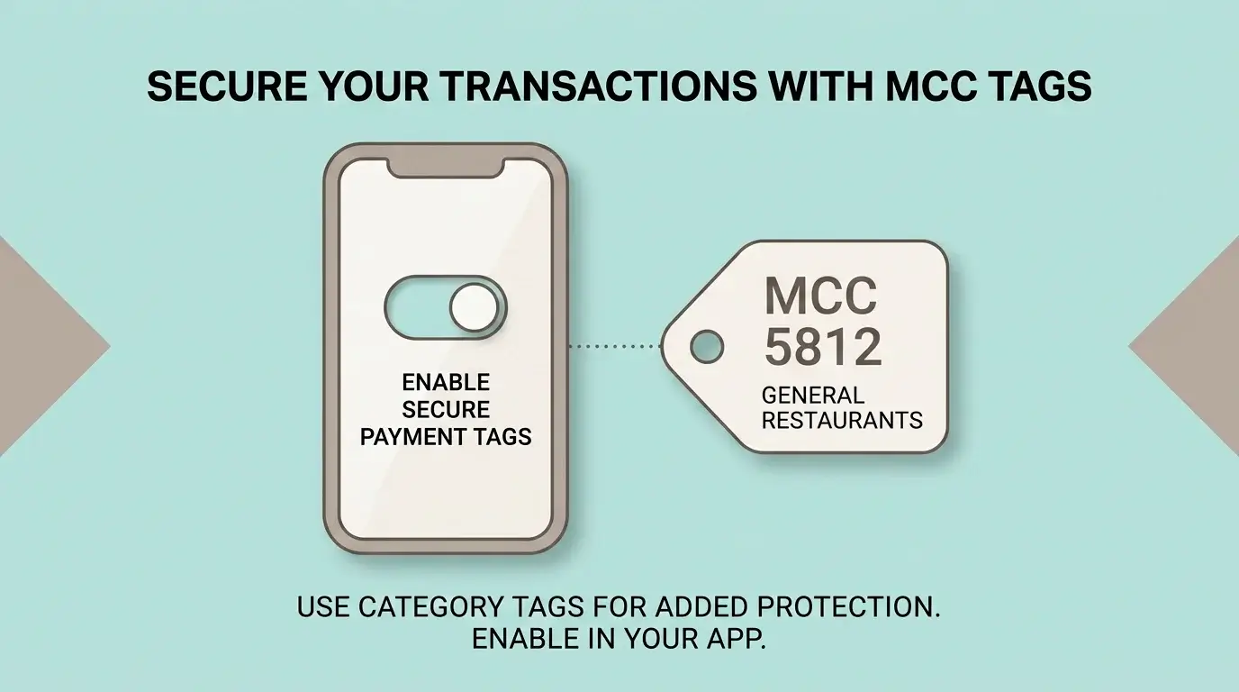 Stylised mobile banking interface showing a gambling block toggle and an MCC filter at the bank's payment processor