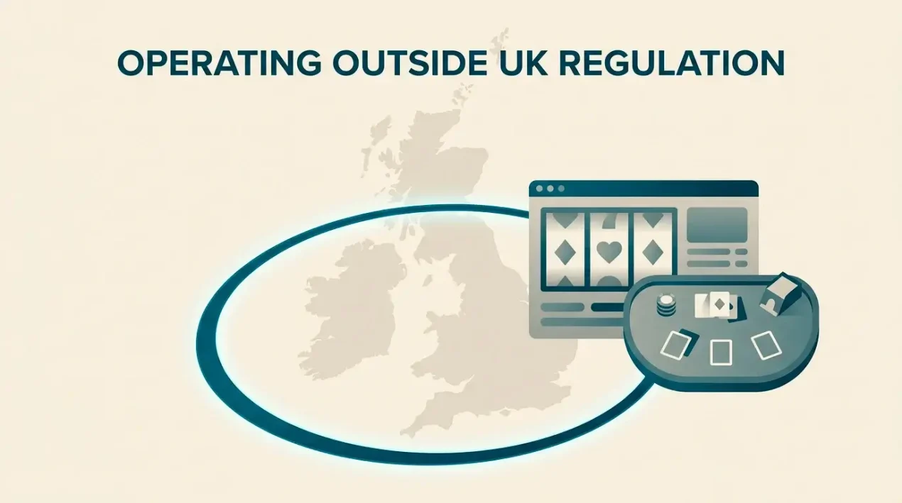 Conceptual illustration of a UK online casino sitting outside the GamStop self-exclusion boundary