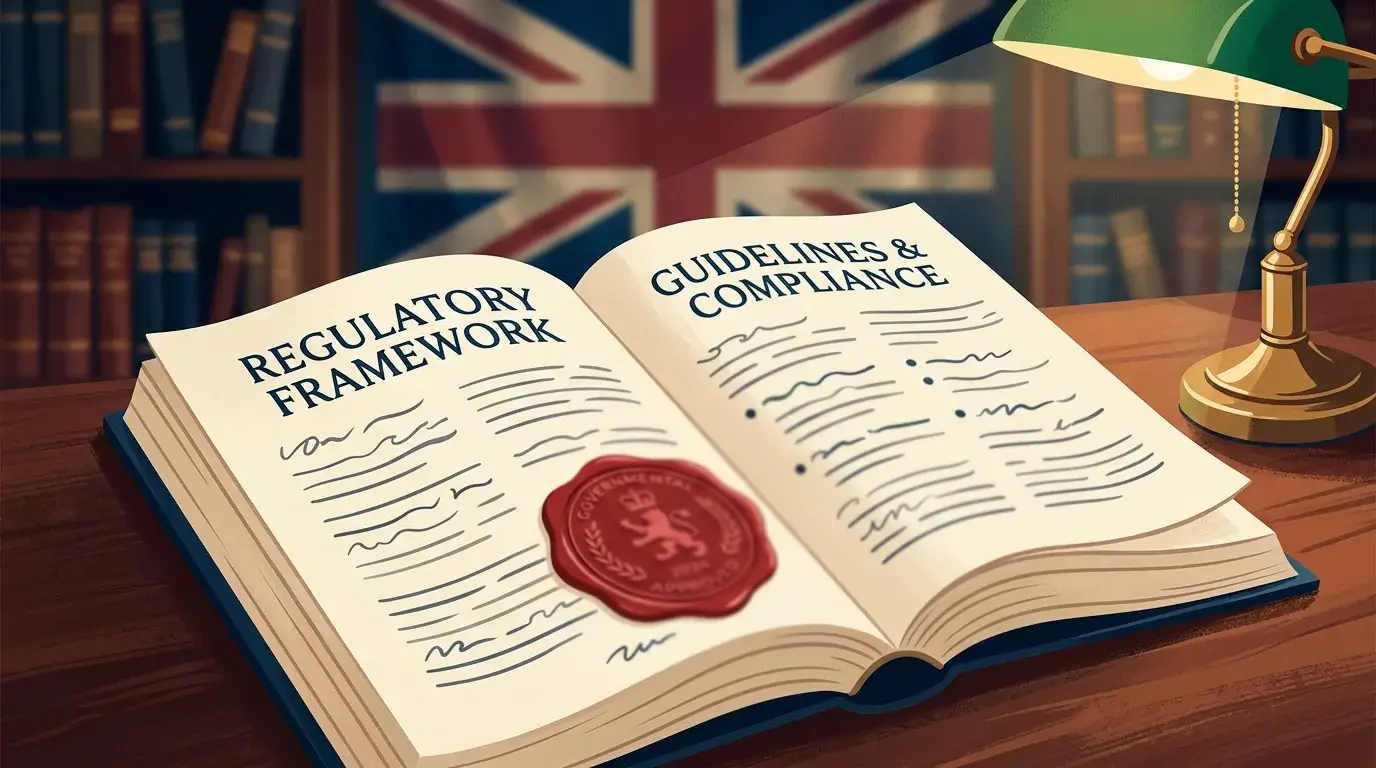 Stylised image of a regulatory rulebook with a stamp and a national flag in the background