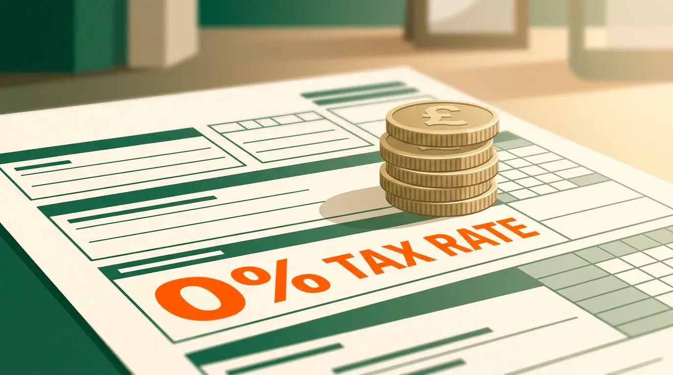 Stylised illustration of UK pound coins next to a tax form with a clearly marked zero rate