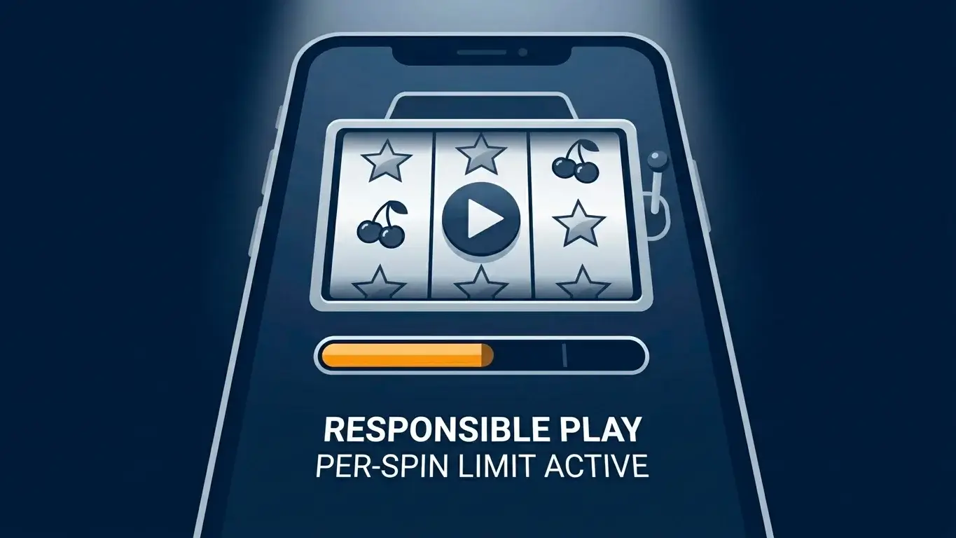 Stylised graphic of a UK online slot interface with a per-spin stake limit indicator