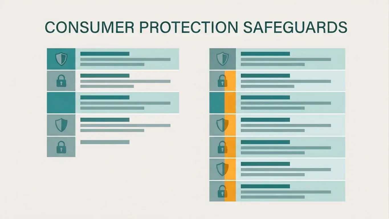 Stylised infographic of two parallel lists comparing UK-licensed and offshore consumer protection features