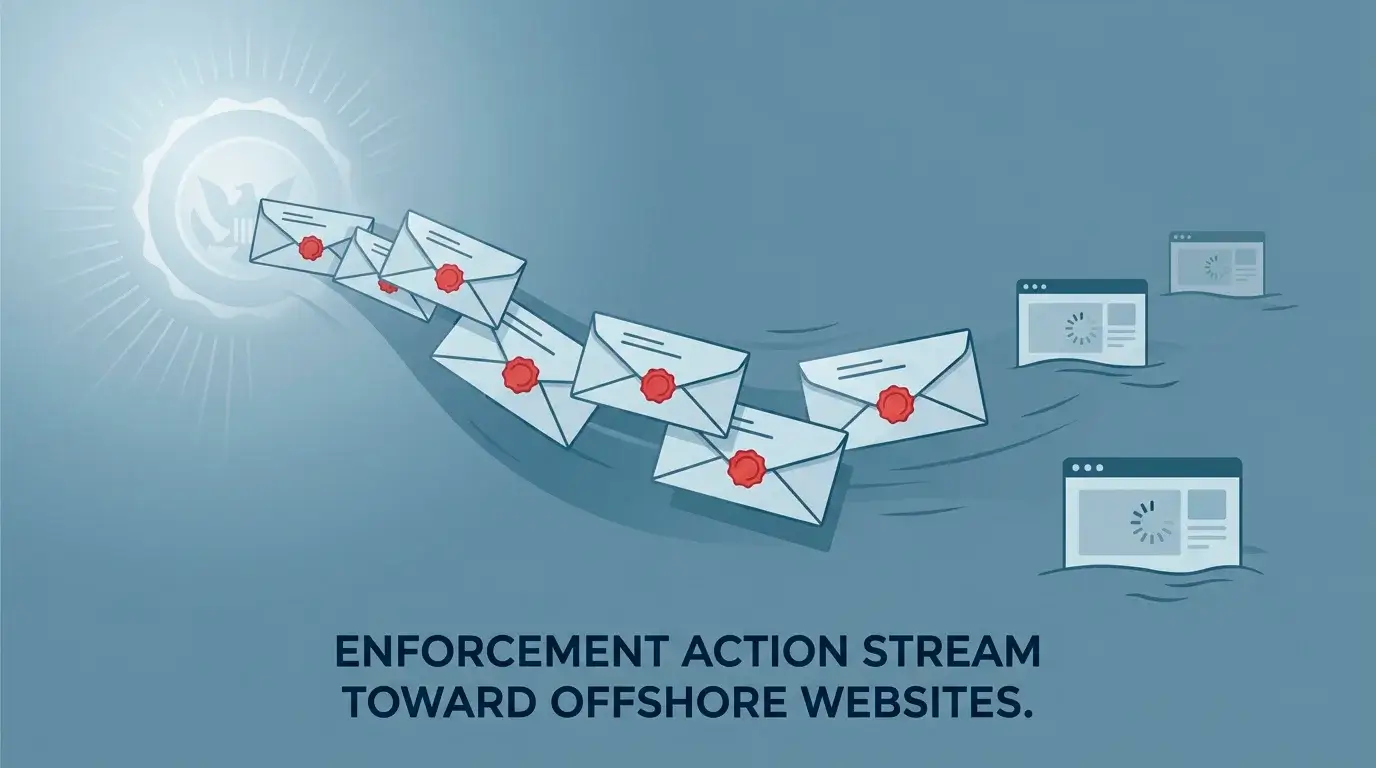 Conceptual illustration of regulatory cease and desist notices being sent toward unidentified offshore website silhouettes
